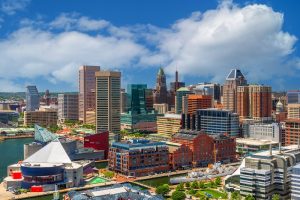 Baltimore city skyline over the inner harbor